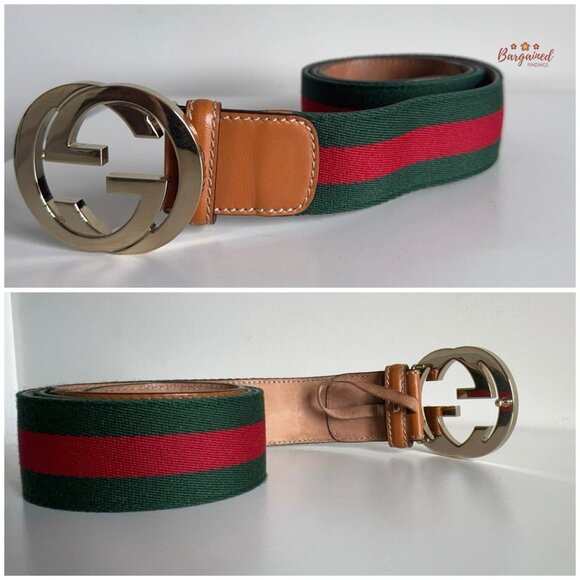Authentic Gucci Red/Green Web Leather Gold Interlocking G Buckle Belt 90/36 - Picture 11 of 13